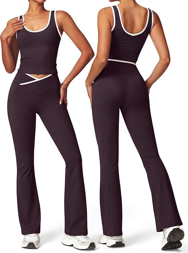 OLCHEE Womens Workout Sets 2 Piece Gym Yoga Outfits Crossover Flare Leggings Crop Tank Top with Contrast Trim