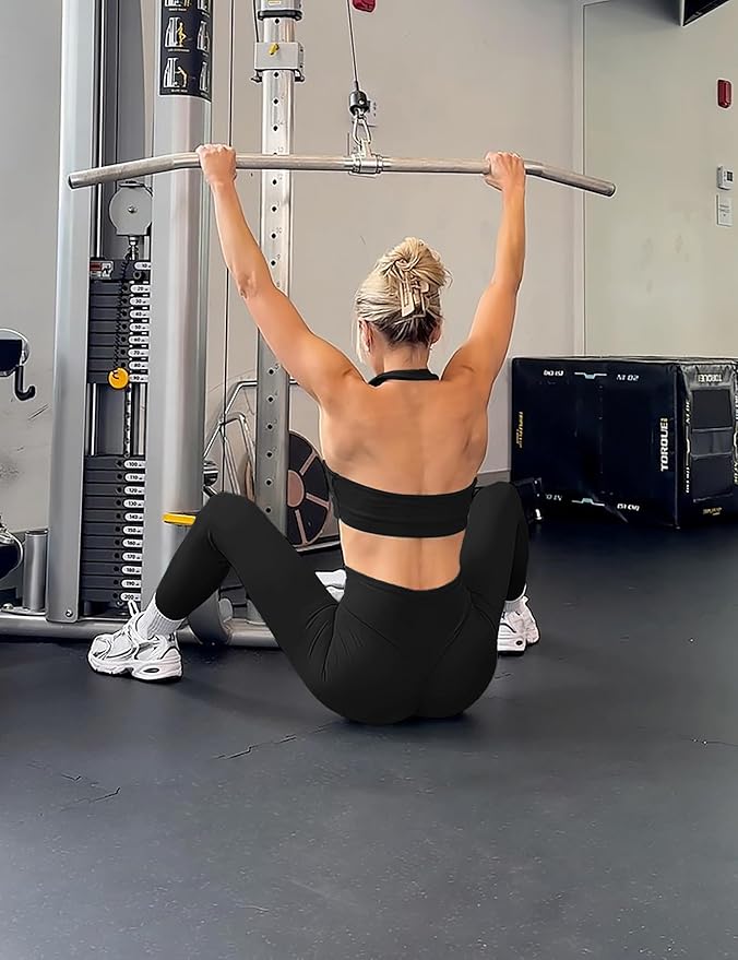 TDIFFUN Women Workout Sets 2 Piece Seamless Scrunch Butt Leggings Padded Halter Sports Bra Matching Set Gym Yoga Outfits