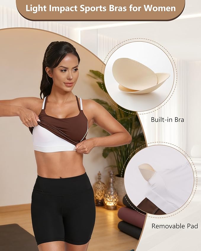 QUOJIZY Longline Sports Bras for Women Spaghetti Straps Tank Top with Built-in Bra Strappy Sports Bra for Yoga