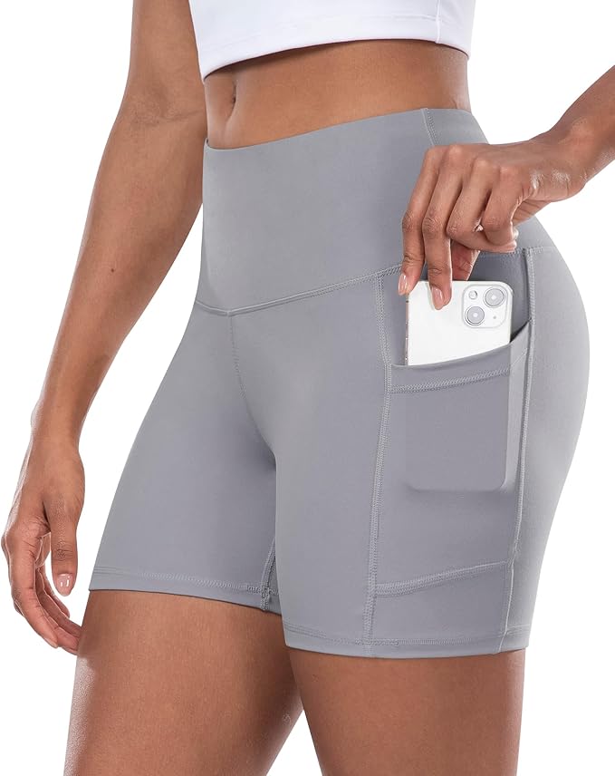 CHRLEISURE Womens Biker Yoga Shorts with Pocket, High Waisted Tummy Control 5 Inch Workout Spandex Athletic Gym Shorts