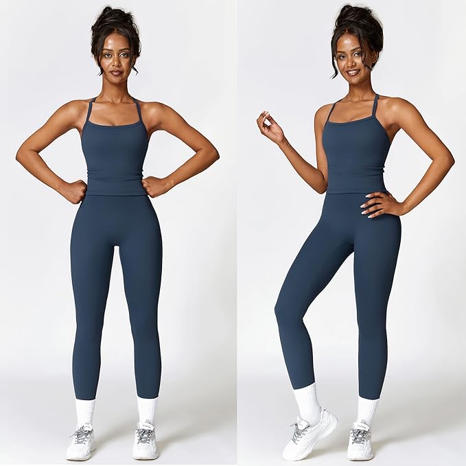 Women 2 Piece Workout Sets (NEW) Yoga Outfit Open Back Tank Top High Waisted Leggings Gym Sets Tracksuits