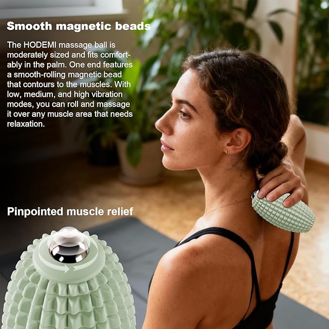 HODEMI Vibrating Massage Ball with Magnetic Rolling Head, Handheld High-Frequency Vibration Massager, 3 Speed Levels, Rechargeable Silicone Massage Roller for Gym, Office, and Travel Use (Green)
