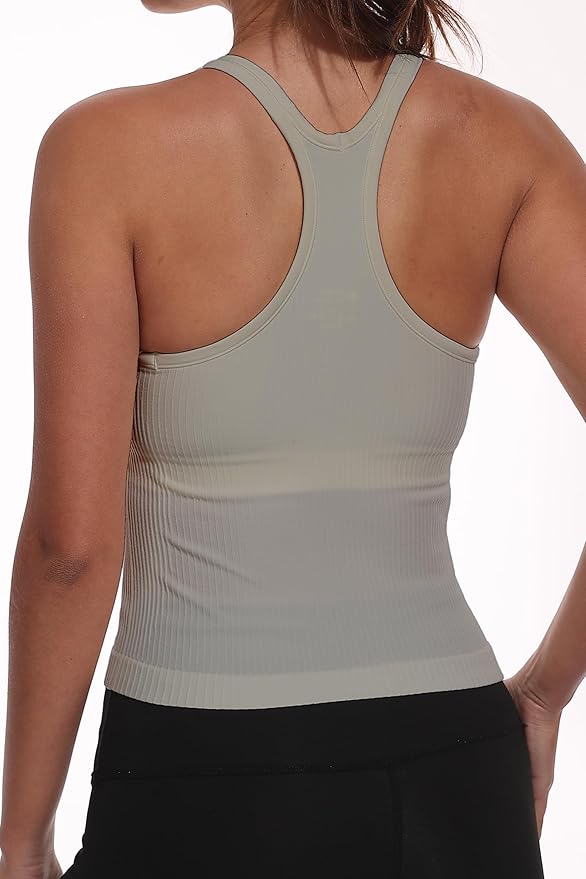 YIOIOIO Women Ribbed Workout Crop Tops with Built in Bra Seamless Yoga Racerback Tank Top Tight Fit
