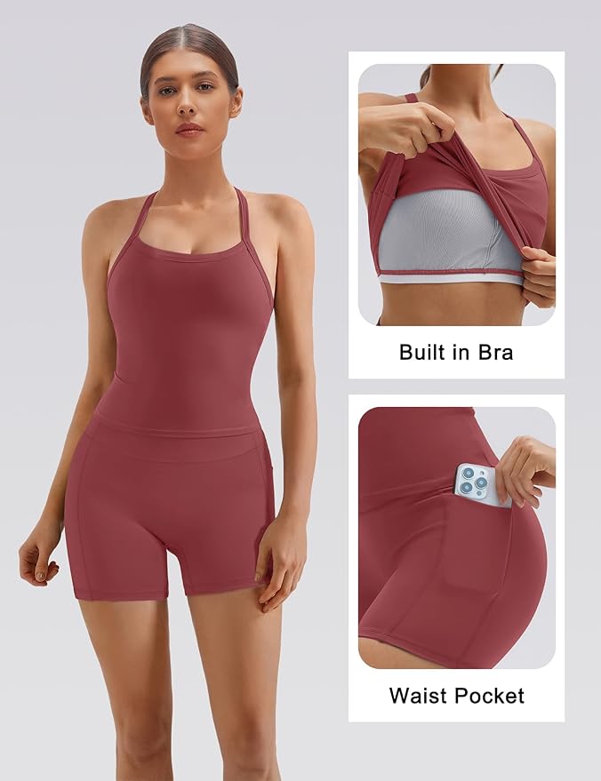 SUUKSESS Women 2 Piece Workout Sets High Waisted Biker Shorts with Pockets Built in bra Racerback Tank Tops