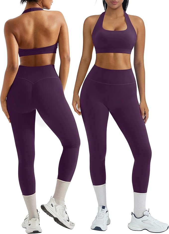 OMKAGI 2 Piece Workout Sets for Women Halter Sports Bras Gym Sets Booty Leggings Outfits
