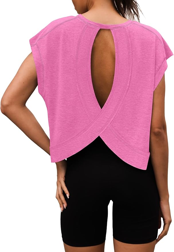 Women Open Back Workout Shirts Short Sleeve Tops Casual Yoga Y2k Athletic Gym Running Crop Tees