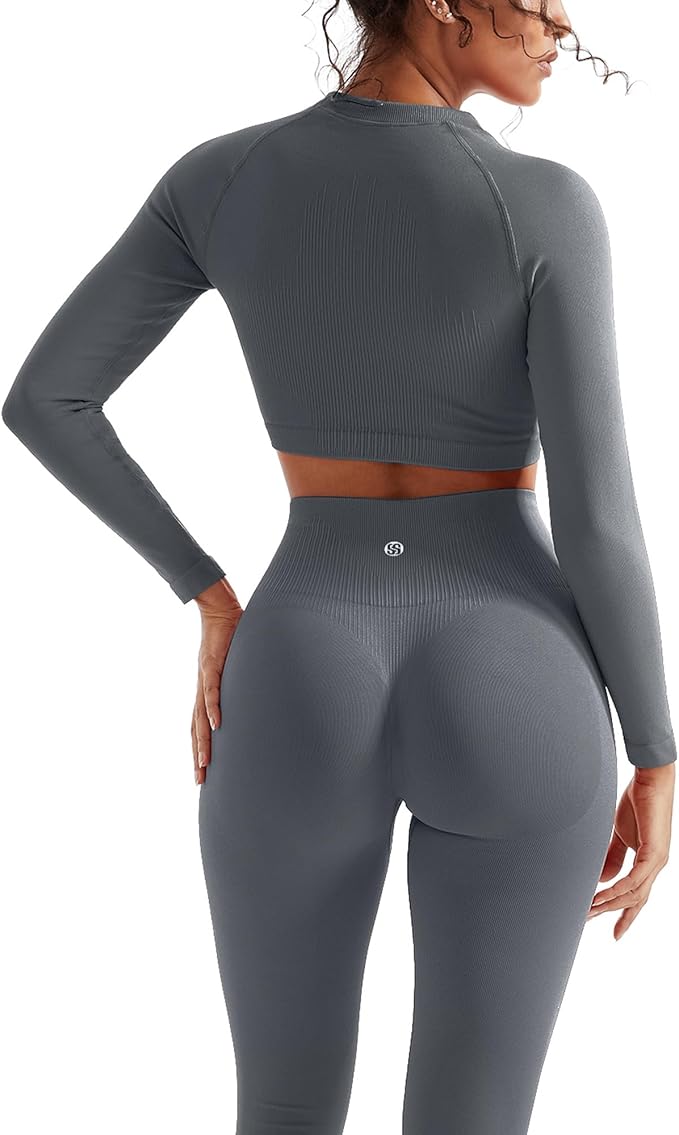 SUUKSESS Women 2 Piece Workout Sets Hidden Scrunch Hip Lifting Seamless Leggings Long Sleeve Yoga Crop Tops