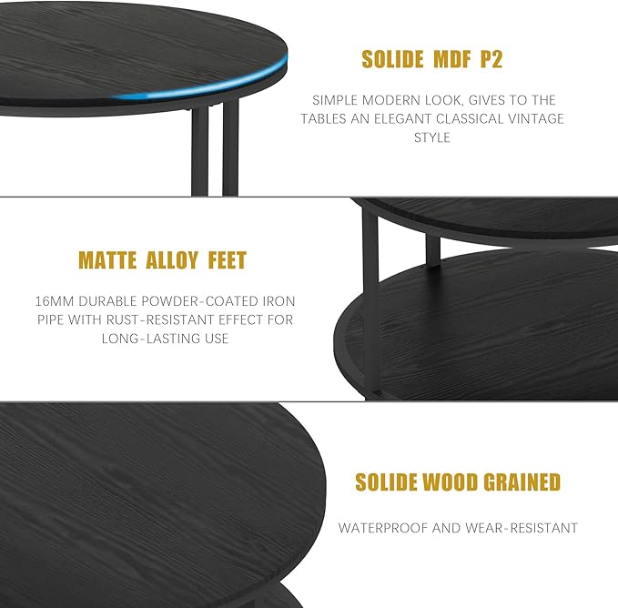 NSdirect Round Coffee Table, 27.6" Small Coffee Table for Living Room,2-Tier Rustic Wood Desktop with Storage Shelf Modern Design Home Furniture(Black)