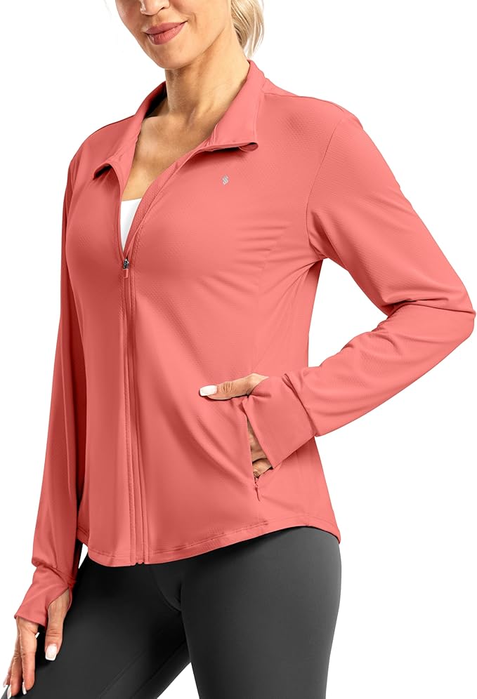 Soothfeel Women's UPF 50+ Lightweight Athletic Jackets Sun Protection Zip Up Long Sleeve Shirts Hiking Workout Outdoor Pocket