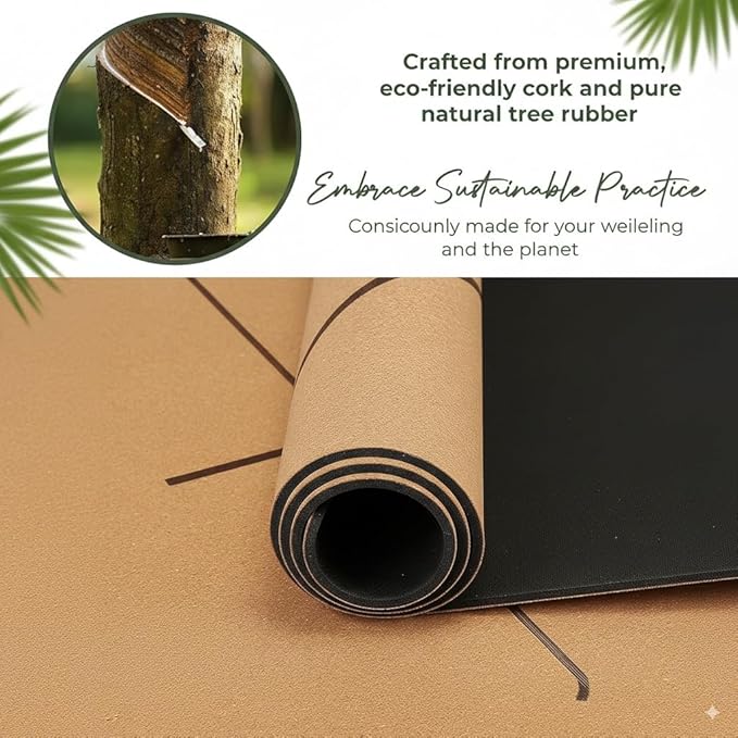 Premium Cork Yoga Mat | Extra-Large 5mm Thick Mat with Natural Tree Rubber Base | Non-Slip Surface with Alignment Lines for Posture Support | Eco-Friendly, Durable & Comfortable for All Yoga Practices