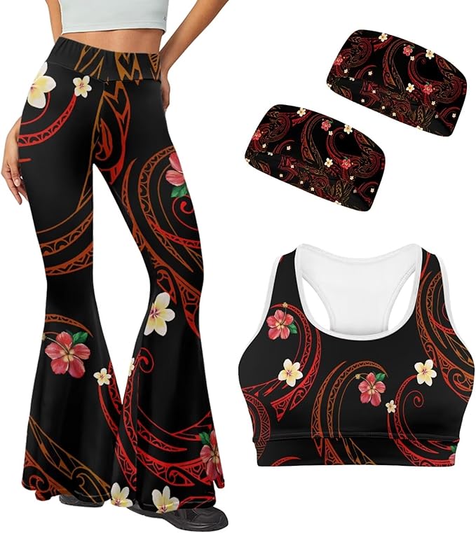 4 Piece Gym Sets Women Racerback Sports Bra with Back Pocket, Matching Flare Yoga Pants And Sweatband