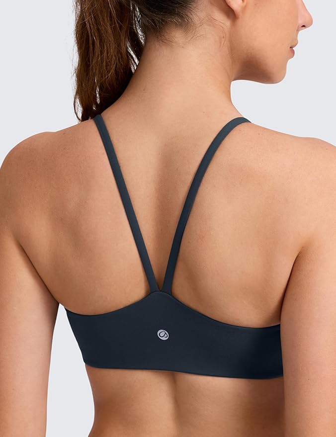CRZ YOGA Butterlift Double Lined V Back Sports Bras for Women - Scoop Neck Spaghetti Strap Wireless Yoga Top Non Padded