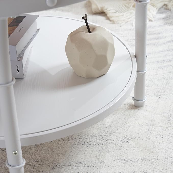 VINGLI 25.6" Natural White Round Farmhouse Coffee Table, 2-Tier Storage Wood Center Circle Accent Table for Living Room, Bedroom, Apartment, Studio and Small Spaces, Sturdy Metal Frame, Natural Color