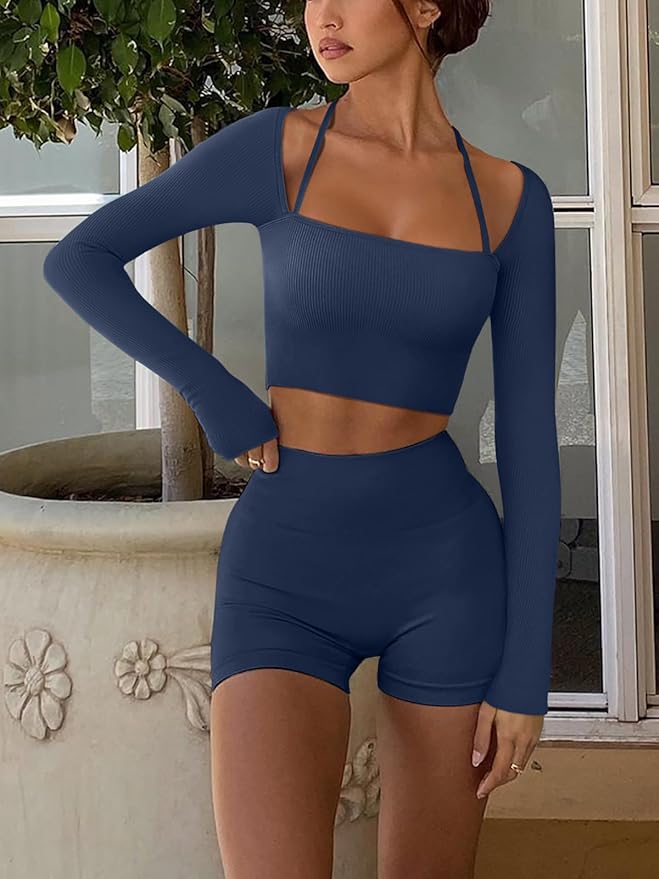 LASLULU Womens Sexy Square Neck Crop Top Ribbed Seamless Long Sleeve Workout Tops Halter Neck Athletic Yoga