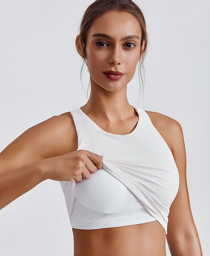 PINSPARK Women Sports Bra High Neck Racerback Workout Crop Tank Top Longline Padded Yoga Tops with Built in Pads
