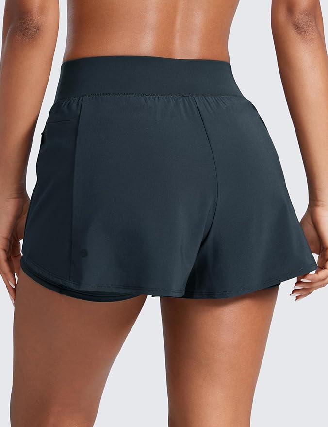 CRZ YOGA 2 in 1 Double Layer Running Shorts for Women 3" - High Waisted for Athletic Tennis Workout with Zip Pockets