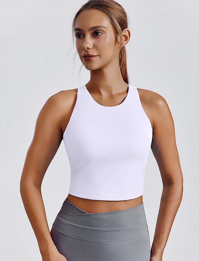 PINSPARK Women Sports Bra High Neck Racerback Workout Crop Tank Top Longline Padded Yoga Tops with Built in Pads