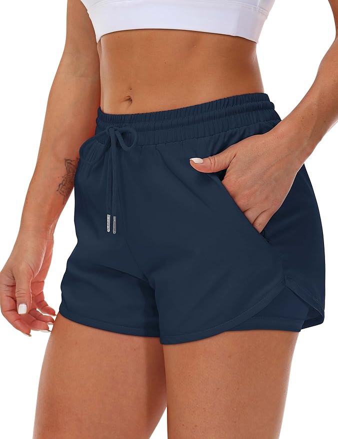 Mancreda Women's Running Shorts with Liner 3 Zipper Pockets Elastic Workout Athletic Gym Yoga Shorts