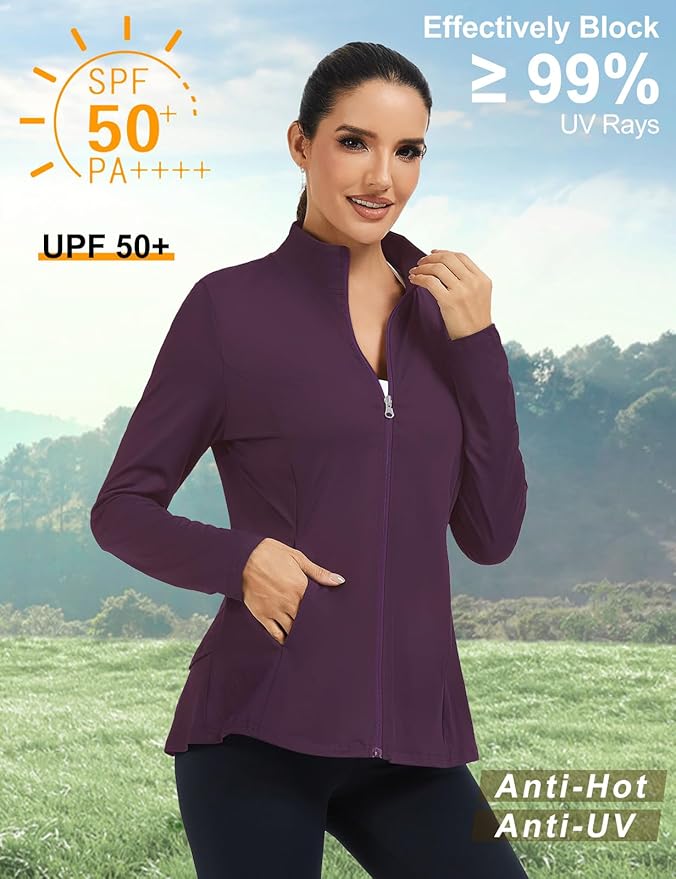 LURANEE Women's Golf Athletic Jackets with Pleated Tennis Skirt Hem Lightweight Full Zip Long Sleeve Shirts with Pockets