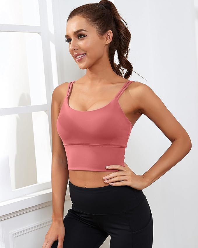 Everrysea Sports Bras for Women High Support Longline Workout Tank Tops Built in Bra Strappy Yoga Padded Crop Top
