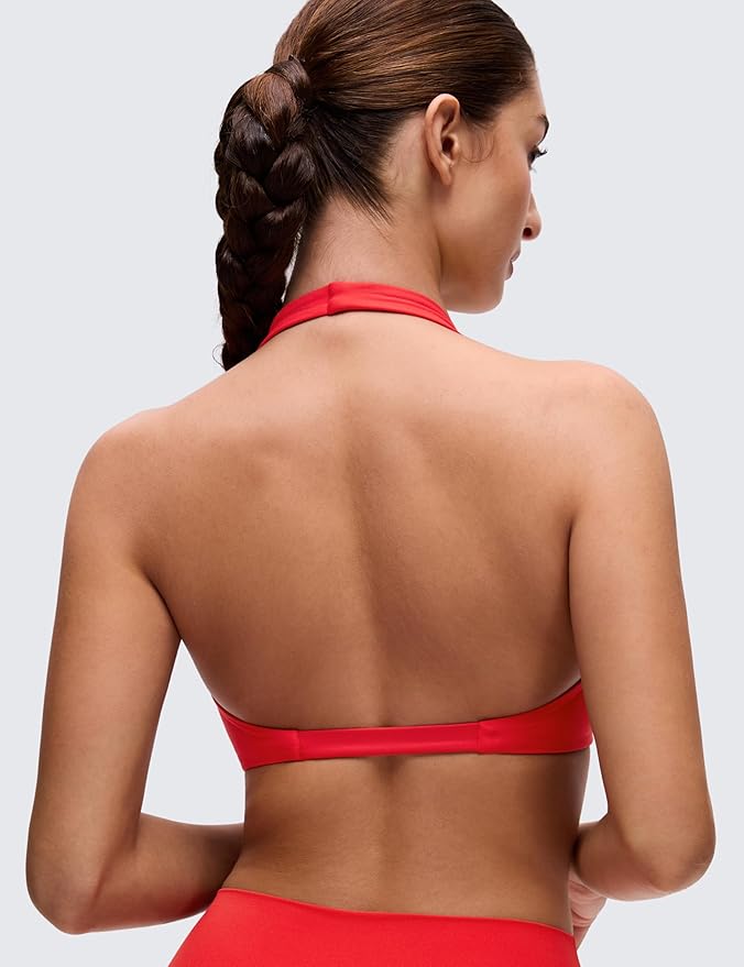 CRZ YOGA Butterluxe Double Lined Twist Halter Sports Bras for Women - Deep V Neck Crop Top Casual Open Back Non Padded