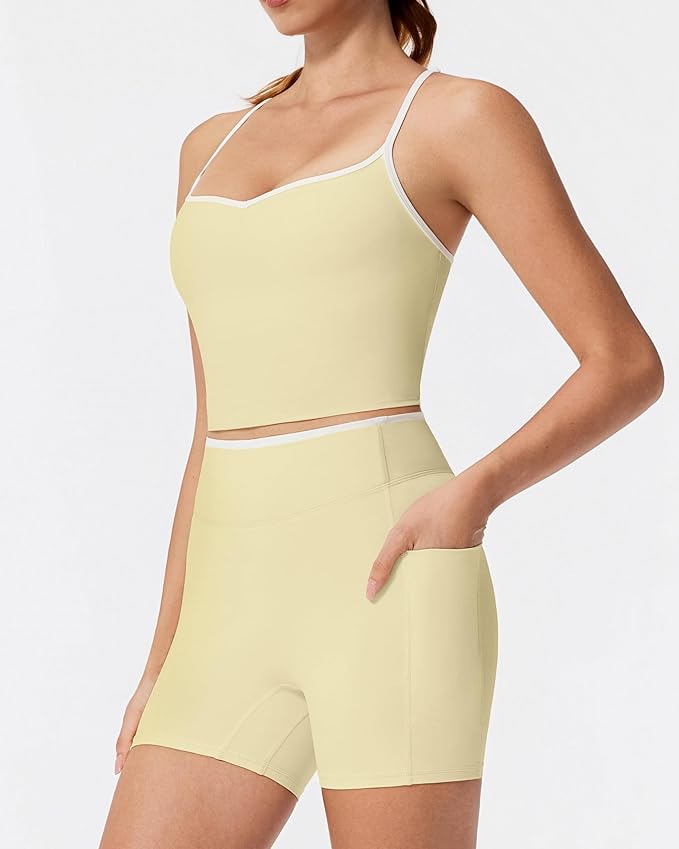 RXRXCOCO Color Block Workout Sets for Women 2 Piece Padded Strappy Tank Tops Hidden Scrunch Booty Shorts with Pockets