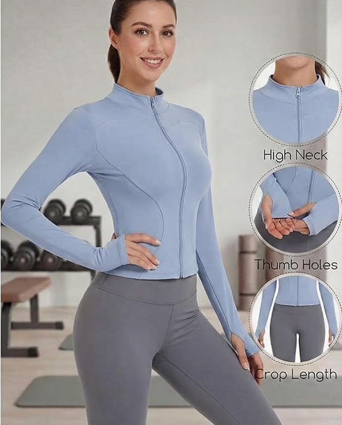 Shyyween 3 Pack Women's Workout Jacket Slim Fit Cropped Jacket Zip up Athletic Tops with Thumb Hole Running Gym Yoga
