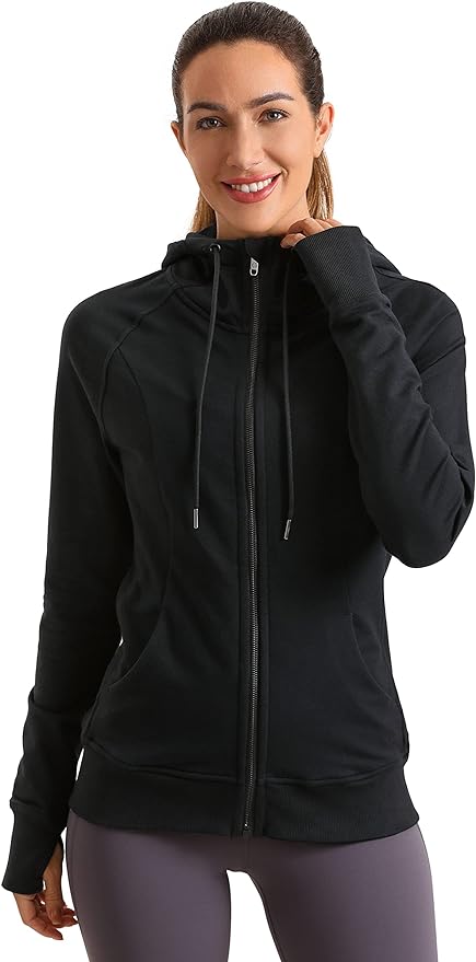 CRZ YOGA Women's Full Zip Hooded Sweatshirts Workout Sweat Jackets Slim Fit Running Track Hoodies with Thumbholes