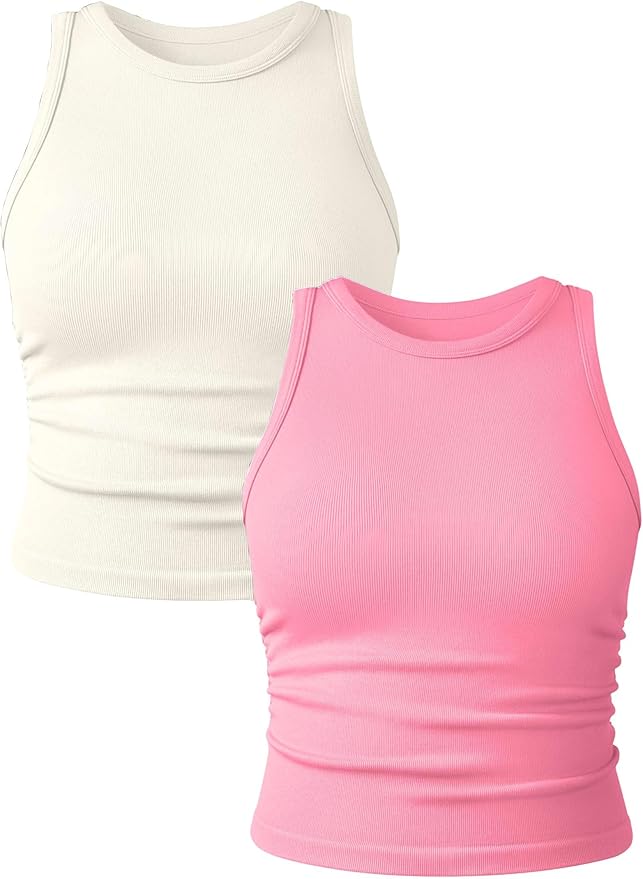YIOIOIO Women's 2 Pieces Basic Seamless Tank Tops Sleeveless Crew Neck Workout Exercise Crop Camis