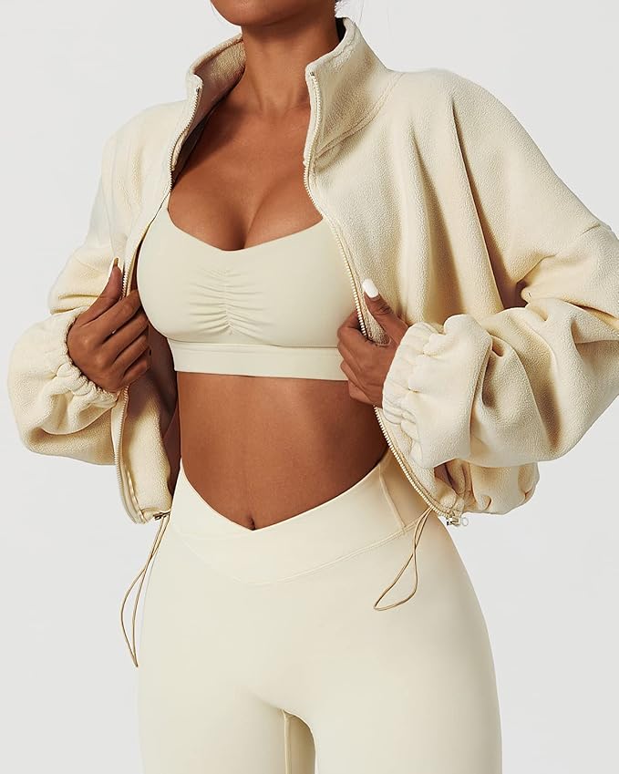 QINSEN Women's Full Zip Fleece Short Jacket Warm Winter Long Sleeve Stand Collar Sherpa Crop Coat