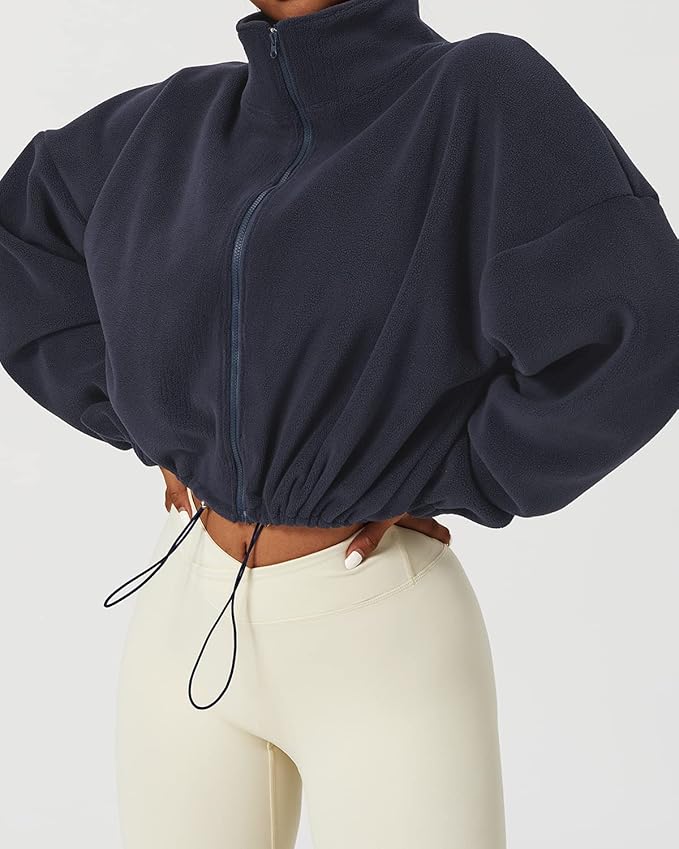 QINSEN Women's Full Zip Fleece Short Jacket Warm Winter Long Sleeve Stand Collar Sherpa Crop Coat