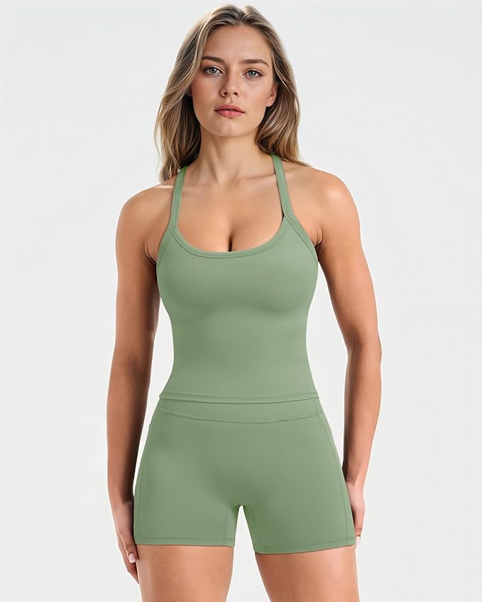 SUUKSESS Women 2 Piece Workout Sets High Waisted Biker Shorts with Pockets Built in bra Racerback Tank Tops