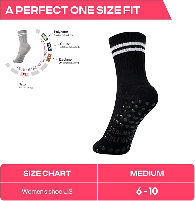 CoolMate Pilates Socks with Grips for Women, Yoga Socks, Crew Non Slip Women for Barre, Pilates Gifts for Women