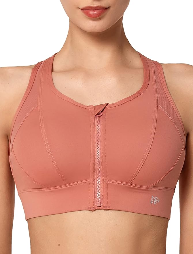 Yvette High Impact Zip Front Sports Bra Mesh Racerback Workout High Support Sports Bras for Women Large Breasts