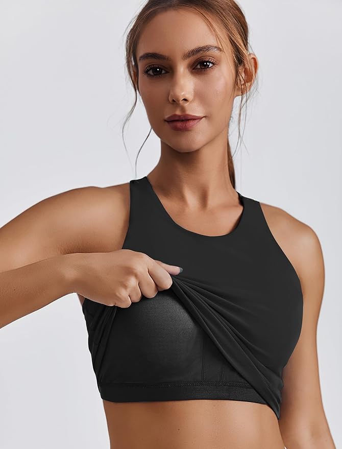 PINSPARK Women Sports Bra High Neck Racerback Workout Crop Tank Top Longline Padded Yoga Tops with Built in Pads