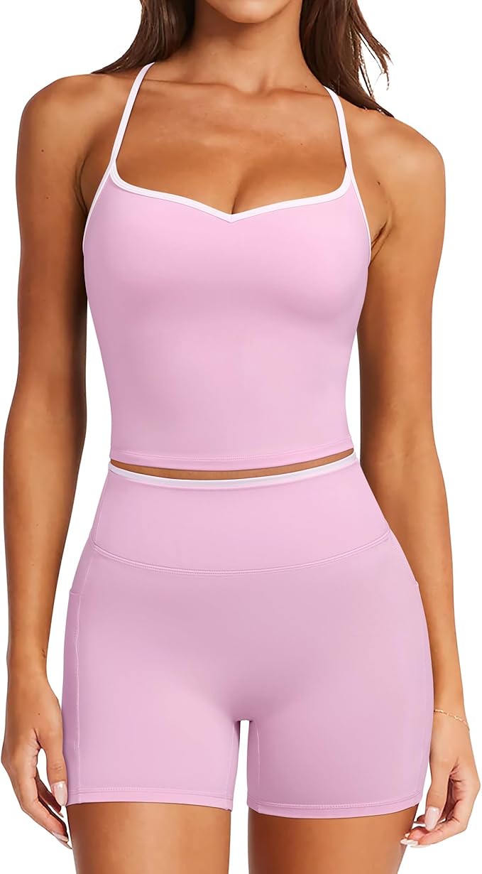 RXRXCOCO Color Block Workout Sets for Women 2 Piece Padded Strappy Tank Tops Hidden Scrunch Booty Shorts with Pockets