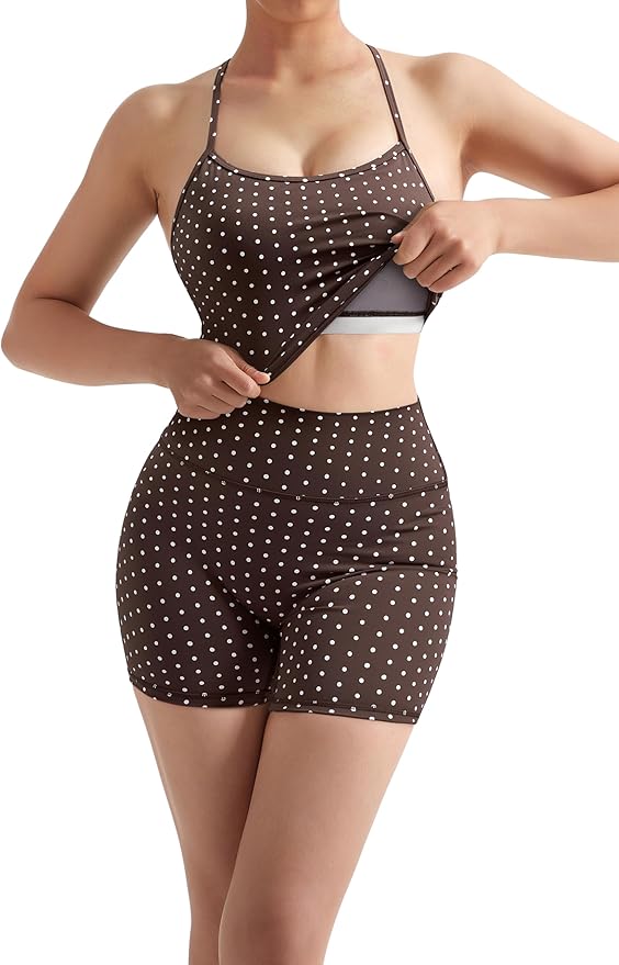 SUUKSESS Women 2 Piece Workout Sets High Waisted Tummy Control Biker Shorts Halter Padded Tank Tops