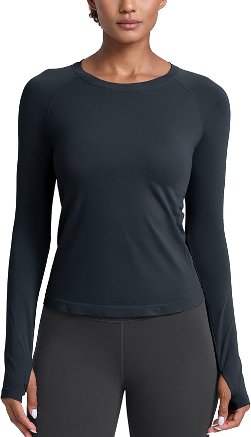CRZ YOGA Seamless Long Sleeve Shirts for Women Waist Length - Workout Athletic Running Gym Yoga Tops Crewneck Breathable