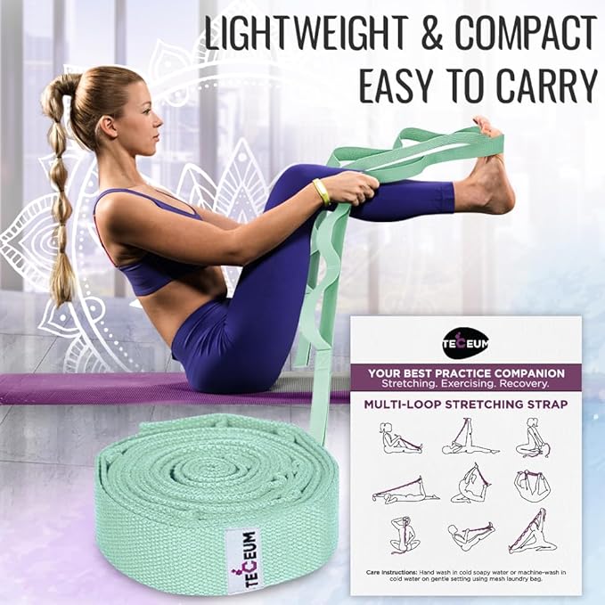 TECEUM Stretching Strap for Yoga & Physical Therapy – 10 Loops – Non-elastic Leg Stretch Straps for Stretching, Exercising, Pilates, Post-injury Rehabilitation for All Levels – Men & Women