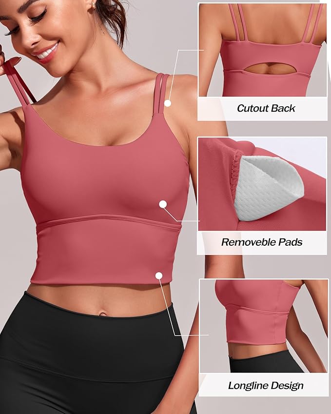 Everrysea Sports Bras for Women High Support Longline Workout Tank Tops Built in Bra Strappy Yoga Padded Crop Top