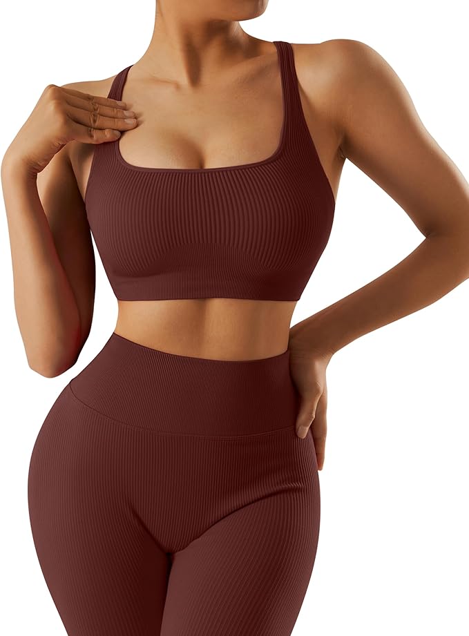 RXRXCOCO Ribbed Workout Sets for Women 2 Piece Backless Strappy Sports Bra Seamless Leggings Matching Set Yoga Outfits