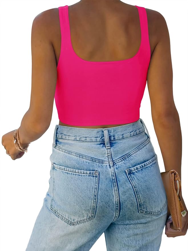 REORIA Women’s Sexy Square Neck Double Lined Seamless Sleeveless Cropped Tank Yoga Crop Basic Tops