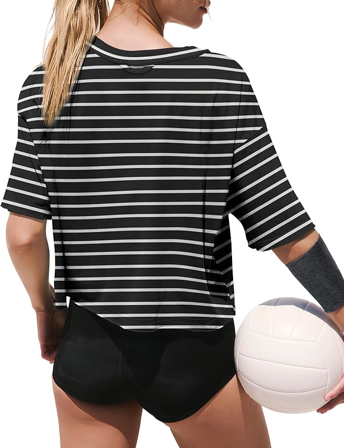 XIEERDUO Cotton Tshirts for Women Drop Shoulder Round Neck Oversized Crop Tops Workout Tops Tees