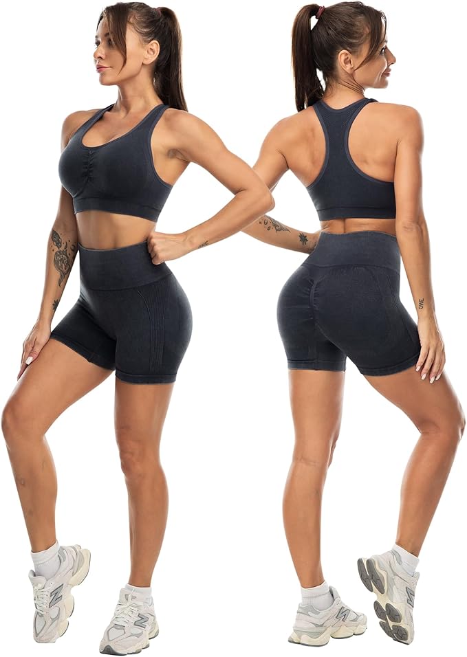 Workout Sets for Women 2 Piece - Seamless Yoga Outfits Shorts and Padded Sports Bra Gym Athletic Clothing Set