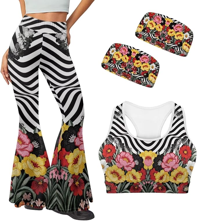 4 Piece Gym Sets Women Racerback Sports Bra with Back Pocket, Matching Flare Yoga Pants And Sweatband