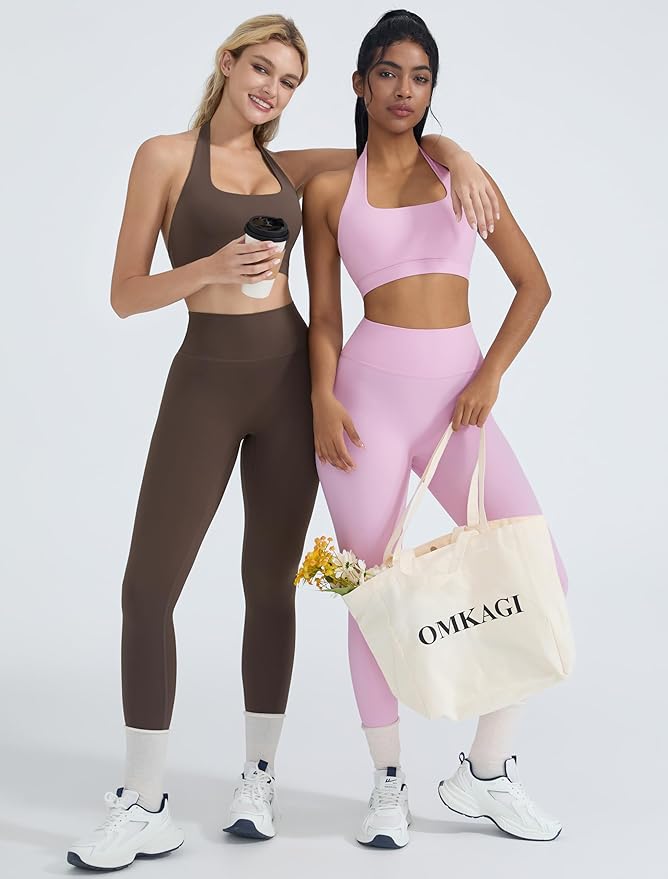OMKAGI 2 Piece Workout Sets for Women Halter Sports Bras Gym Sets Booty Leggings Outfits