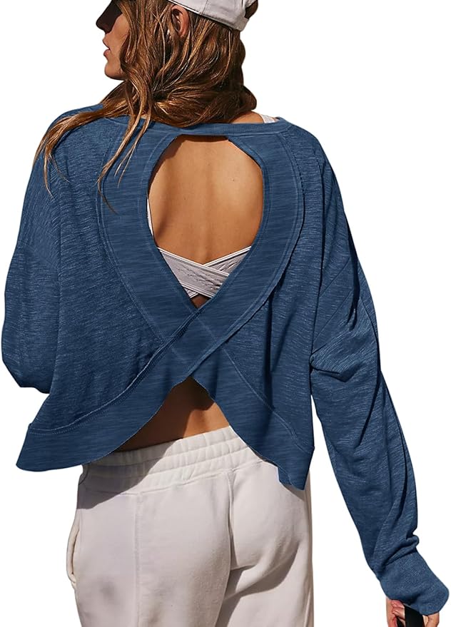 LASLULU Womens Open Back Long Sleeve Workout Tops Athletic Shirts Boat Neck Casual Running Tee Y2k Yoga Gym Tops