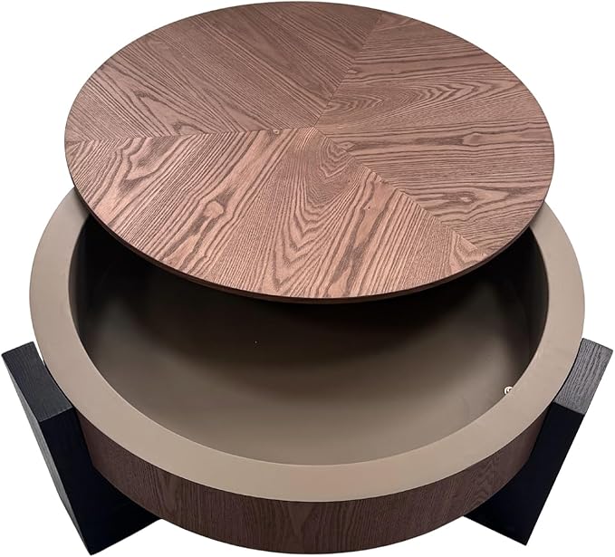 33'' Round Coffee Table with Hidden Storage, Modern Wood Veneer Top, 3 Block Legs Sturdy Center Accent Table for Living Room, Small Space, Walnut & Black