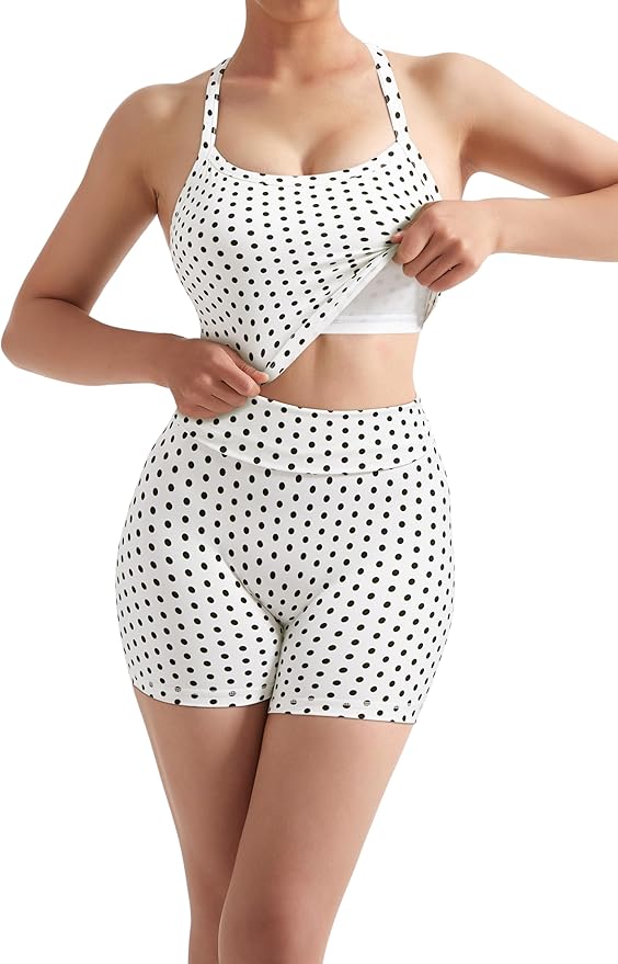 SUUKSESS Women 2 Piece Workout Sets High Waisted Tummy Control Biker Shorts Halter Padded Tank Tops