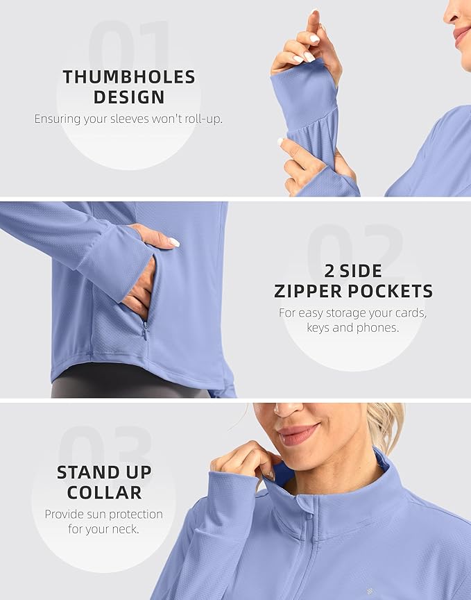 Soothfeel Women's UPF 50+ Lightweight Athletic Jackets Sun Protection Zip Up Long Sleeve Shirts Hiking Workout Outdoor Pocket